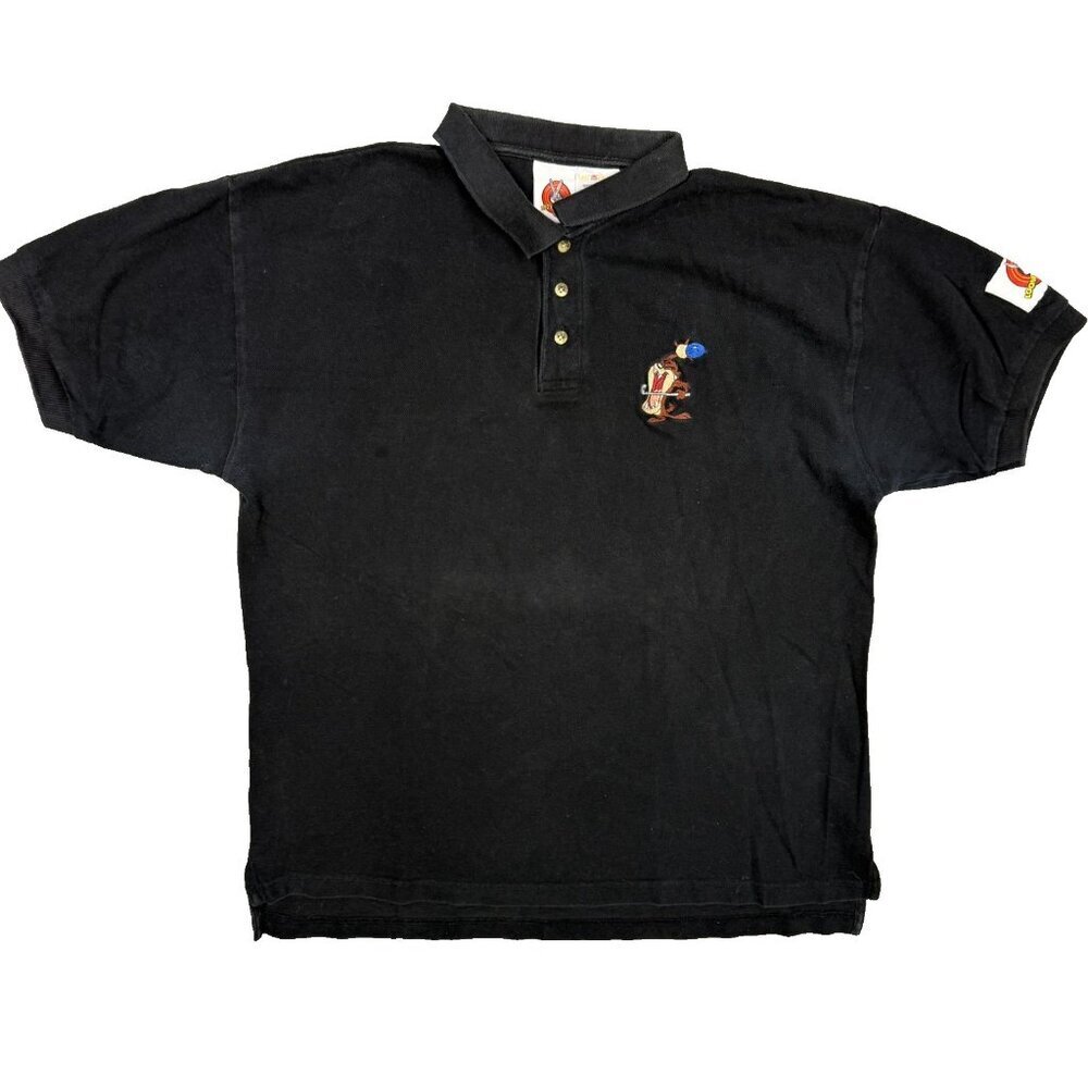Vintage 1997 Looney Tunes Polo Shirt Cotton Black Short Sleeve XL